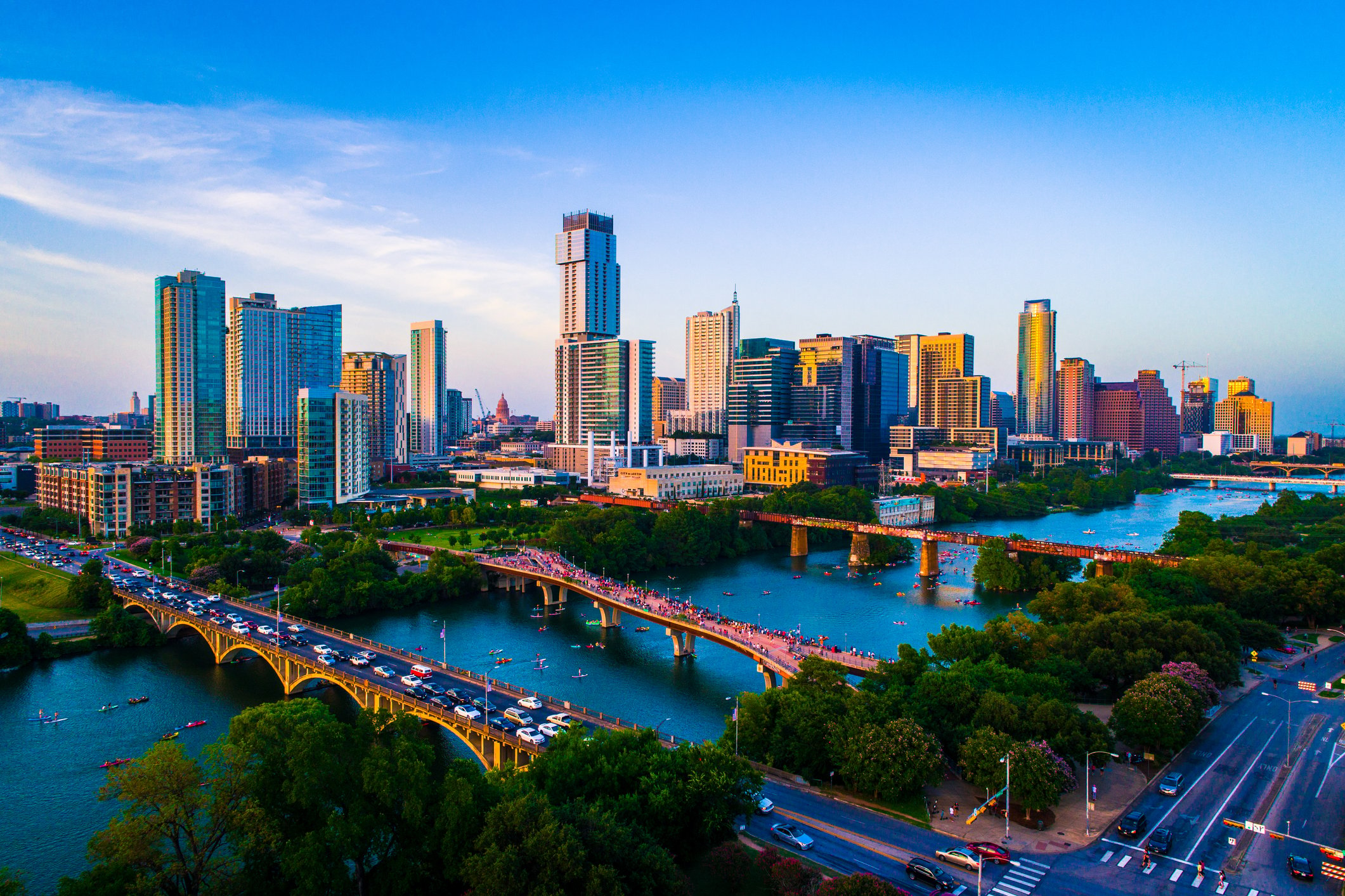 Aerial Drone view above Austin Texas USA Afternoon Sunset Lady Bird Lake 2019 on July 4th ...