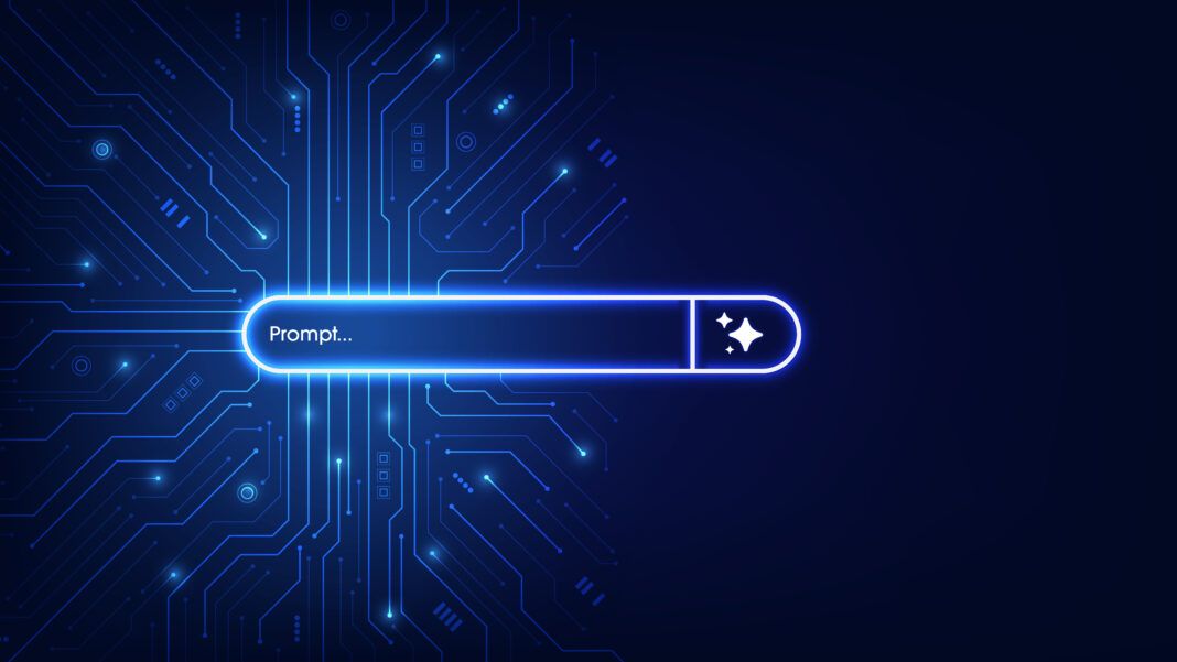 Concept of AI generate a prompt. Generative and search bar on futuristic circuit motherboard. Artificial intelligence technology for digital content and automated data transformation. Vector.